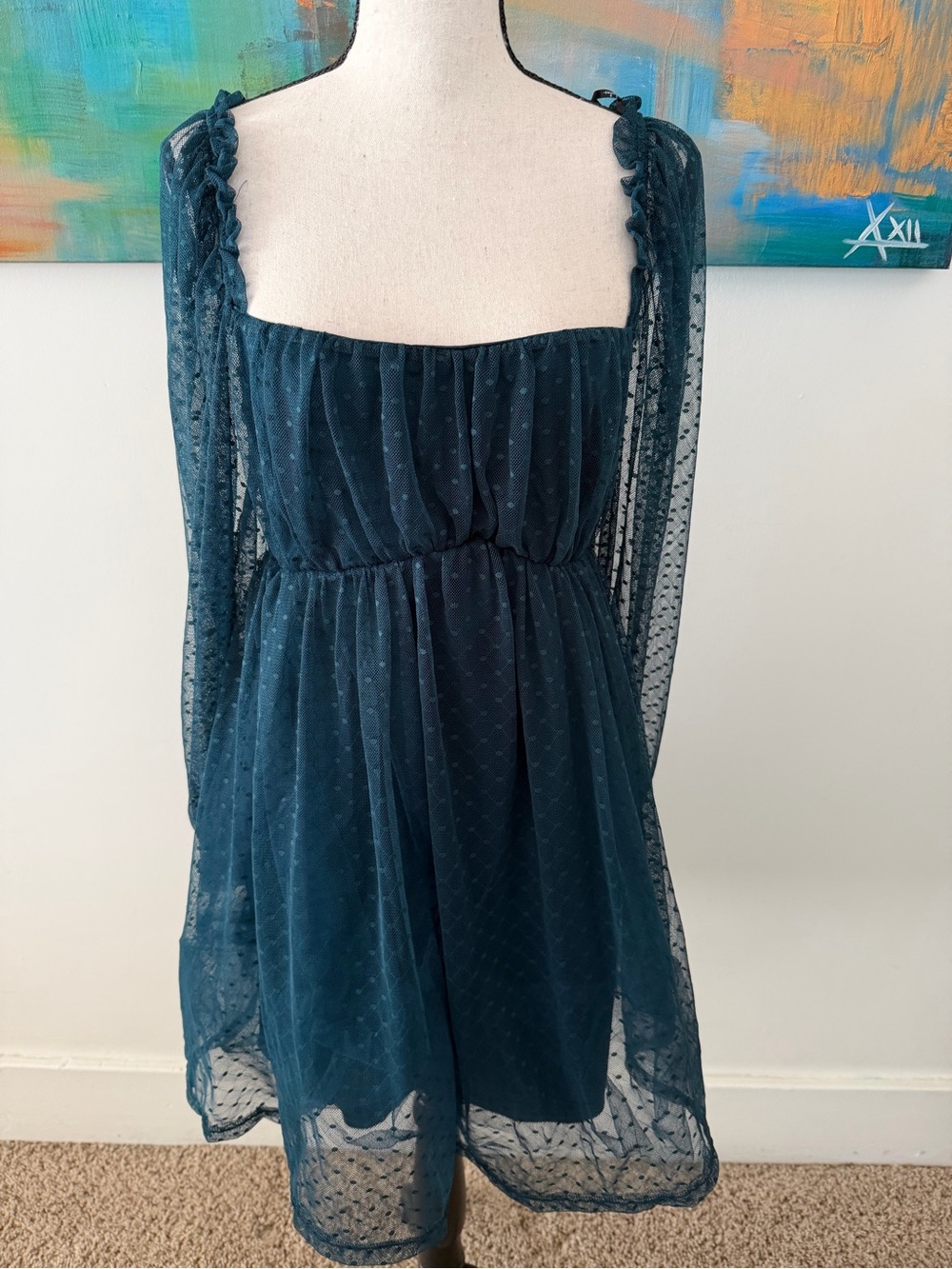 Lulus NWT Dreamy Sweetness Dark Teal Swiss Dot Ruffled Mini Babydoll Dress XL - Picture 5 of 13